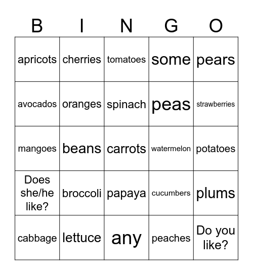 3 klasa, 7 unit FOOD Bingo Card