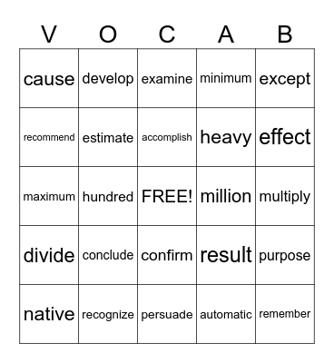 Vocabulary  BINGO Card