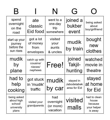 have you ever: Eid Holiday edition Bingo Card