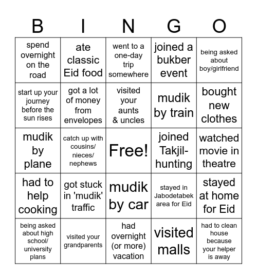 have you ever: Eid Holiday edition Bingo Card