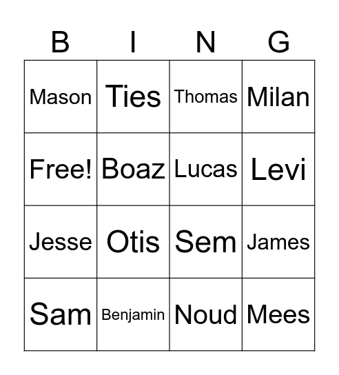 Jongens namen Bingo Card