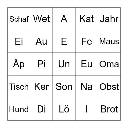 Wortbingo-Vorlage Bingo Card