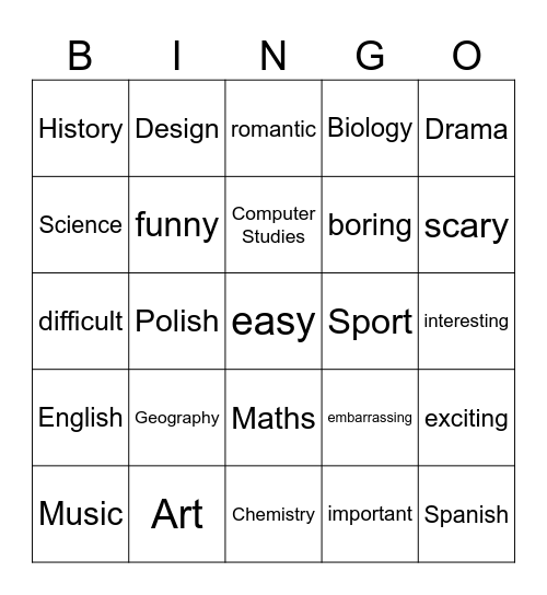 5 klasa, unit 7 Bingo Card