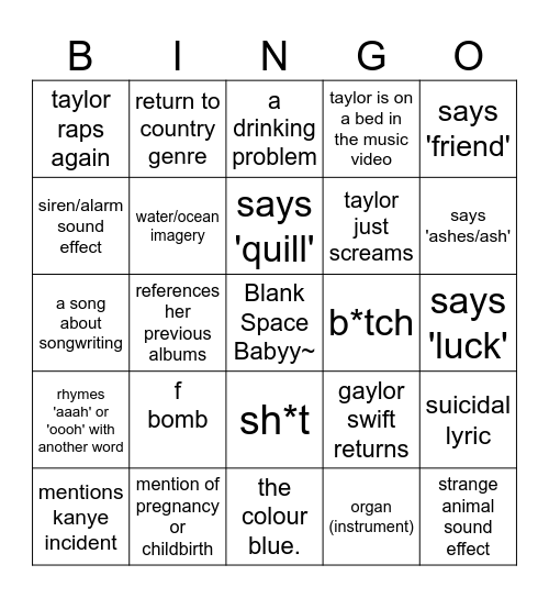 TTPD Release Bingo Card