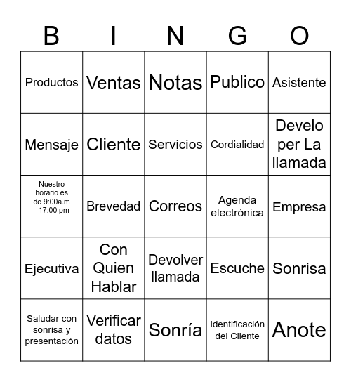 BINGO SERVICIO AL CLIENTE Bingo Card