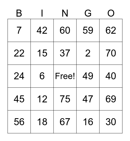 Bingo Number 1-75 Bingo Card