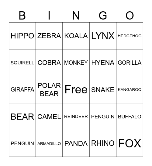 WILD ANIMALS Bingo Card