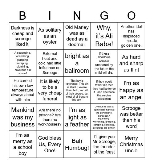 A Christmas Carol Bingo Card