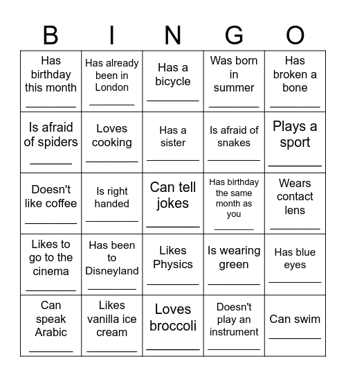 Icebreaker Bingo - Find Someone Who .... Bingo Card