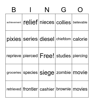 ie in piece Multisyllabic BINGO Card