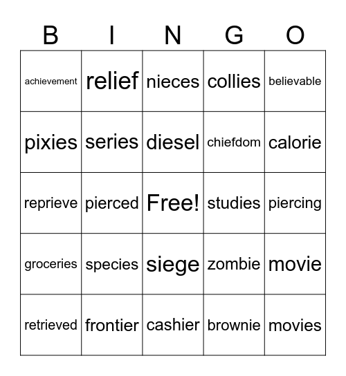 ie in piece Multisyllabic BINGO Card