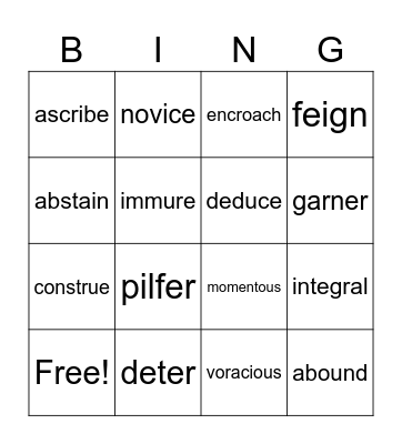 Vocabulary Bingo Card