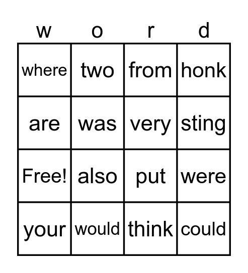 Trick Word Bingo Card