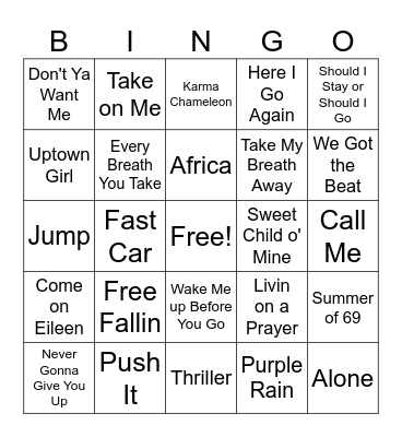 80's Hits Bingo Card