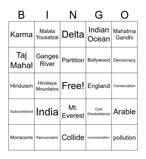 South Asia Test Bingo Card