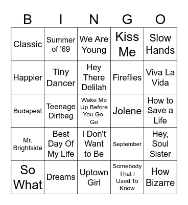 Shower Songs Bingo Card