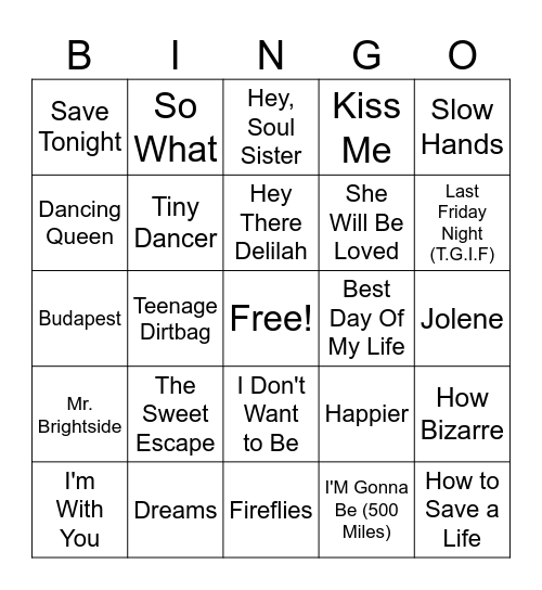 Shower Songs Bingo Card