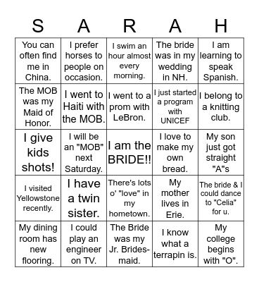 Sarah Sprague's Bridal Shower  5-29-2016 Bingo Card
