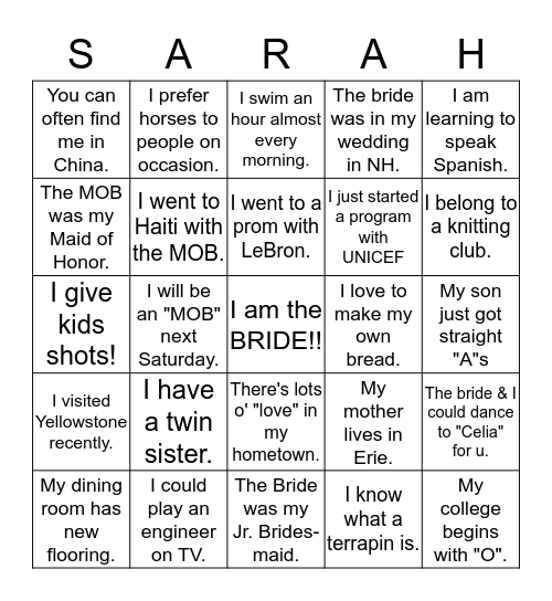Sarah Sprague's Bridal Shower  5-29-2016 Bingo Card