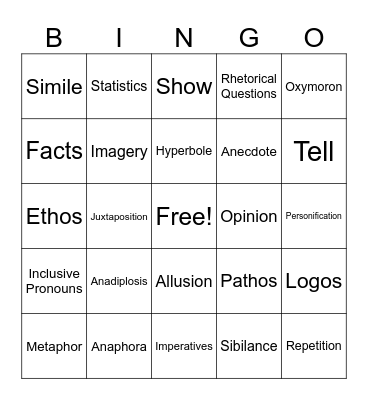 Rhetorical Device Bingo Card