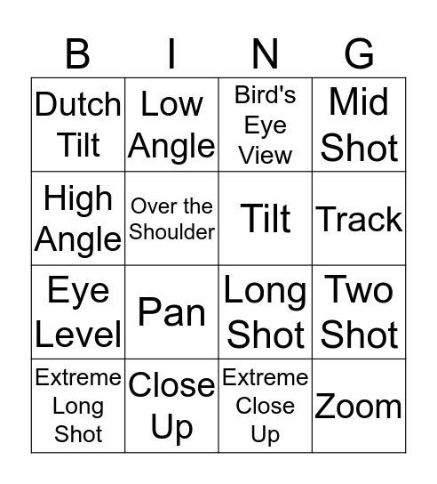 Cinematography Bingo Card