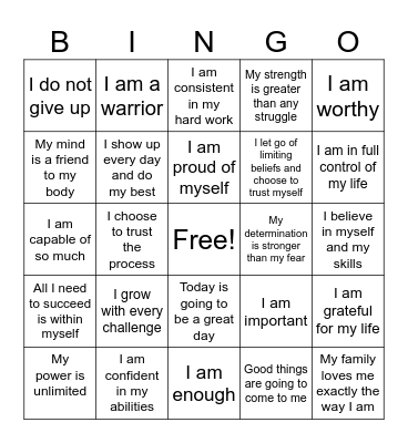 I Love Myself Bingo Card