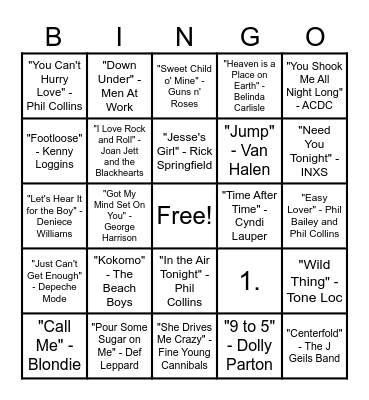 80's Music Bingo Round #3 Bingo Card