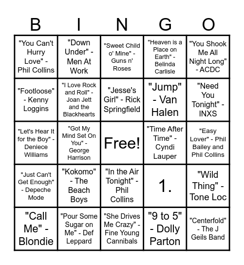 80's Music Bingo Round #3 Bingo Card