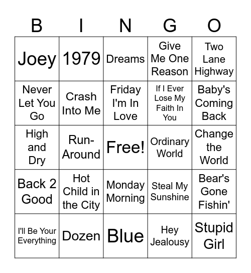 1990's Songs #5A Bingo Card