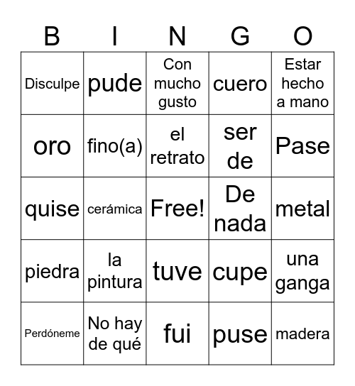 Avancemos 2 - U3, L1 Vocabulario & Verbos Bingo Card