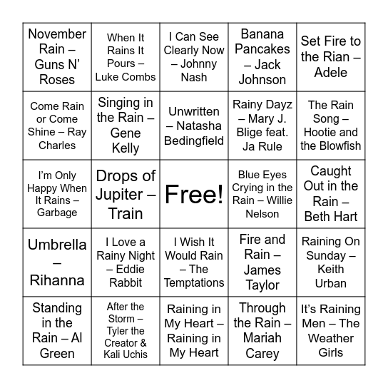 Rainy Day Music Bingo Card