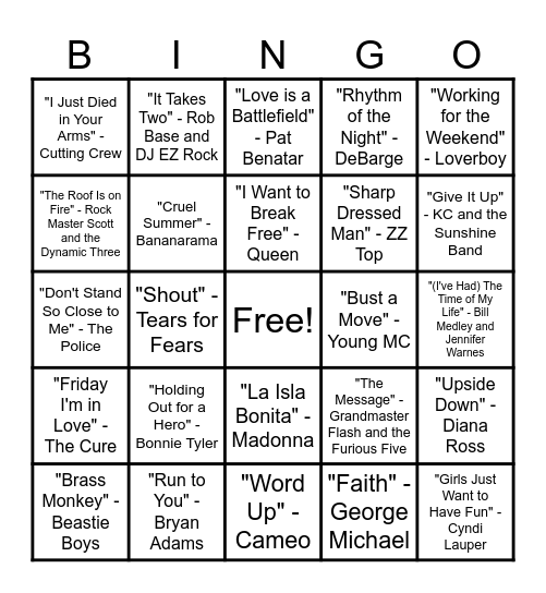 80's Music Bingo Round #4 Bingo Card