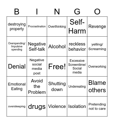 Unhealthy Coping Skills Bingo Card