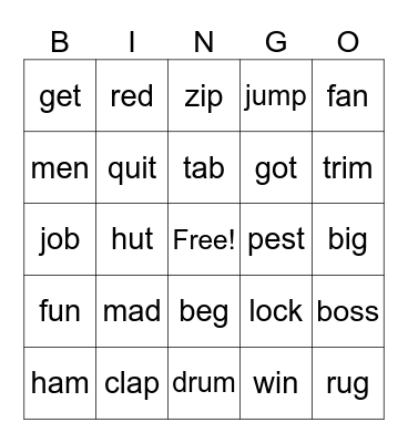 short vowels with few blends Bingo Card