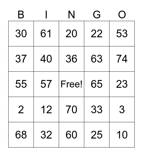 Number Bingo 1-75 Bingo Card