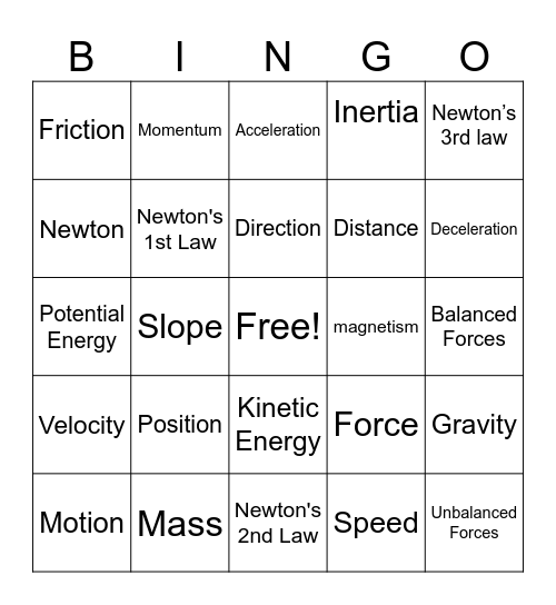 force and Motion Bingo Card