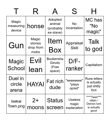 Isekai Bingo Card