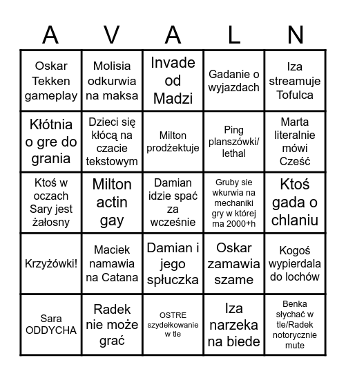Avalonowe bingo bongo Bingo Card