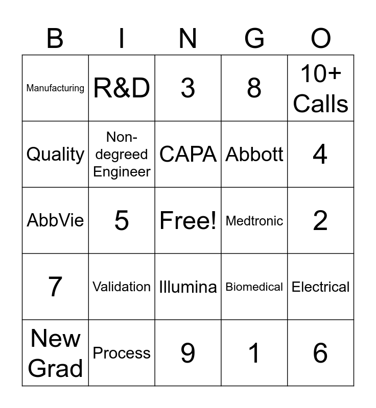 Engineer Bingo Card