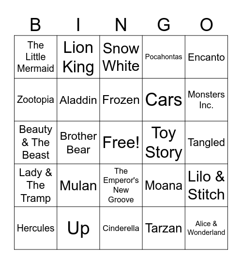 Disney Movies Bingo Card
