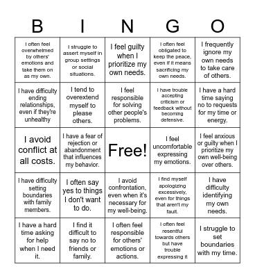 Codependency Bingo Card
