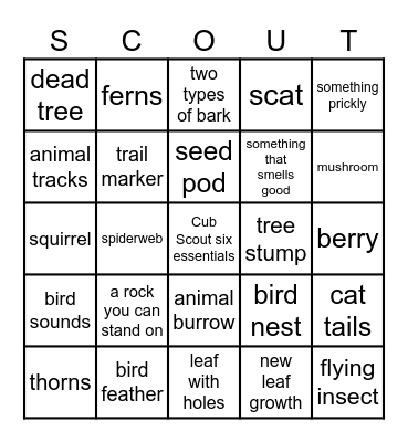 Cub Scout Hike Bingo Card