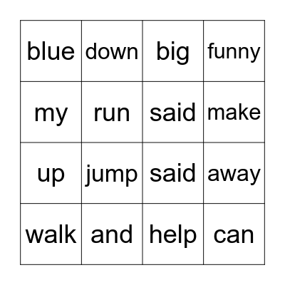 Sight Word Bingo Card