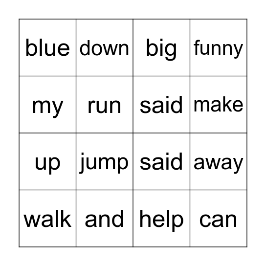 Sight Word Bingo Card