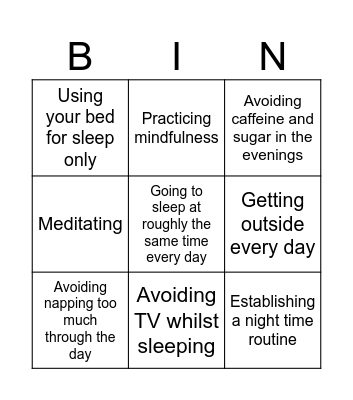 Sleep Hygiene Bingo Card