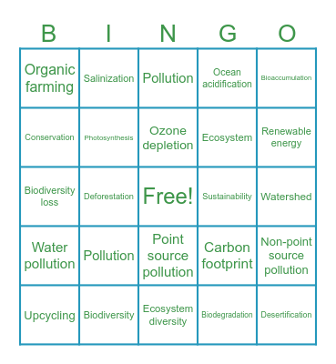 Environmental Club Bingo Card