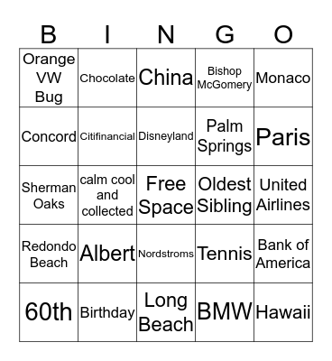 Albert's 60th Birthday Bingo Card