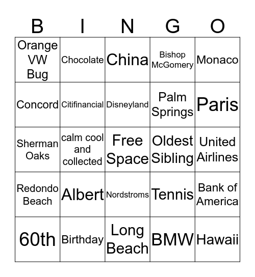 Albert's 60th Birthday Bingo Card