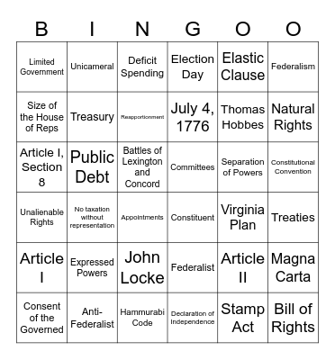 Government BINGO (Beginnings and Legislative) Bingo Card