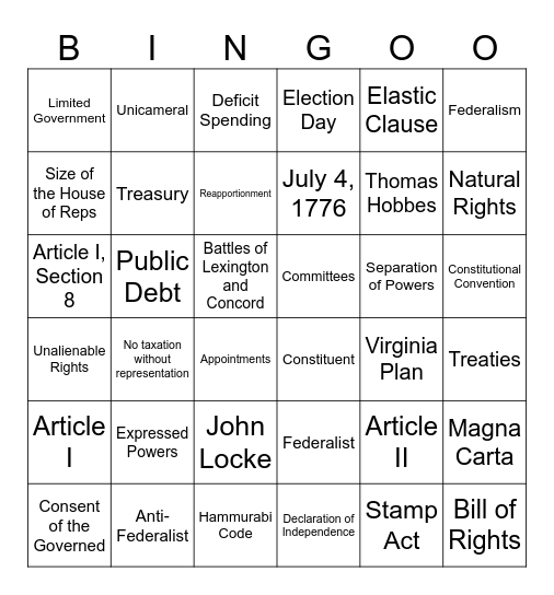Government BINGO (Beginnings and Legislative) Bingo Card